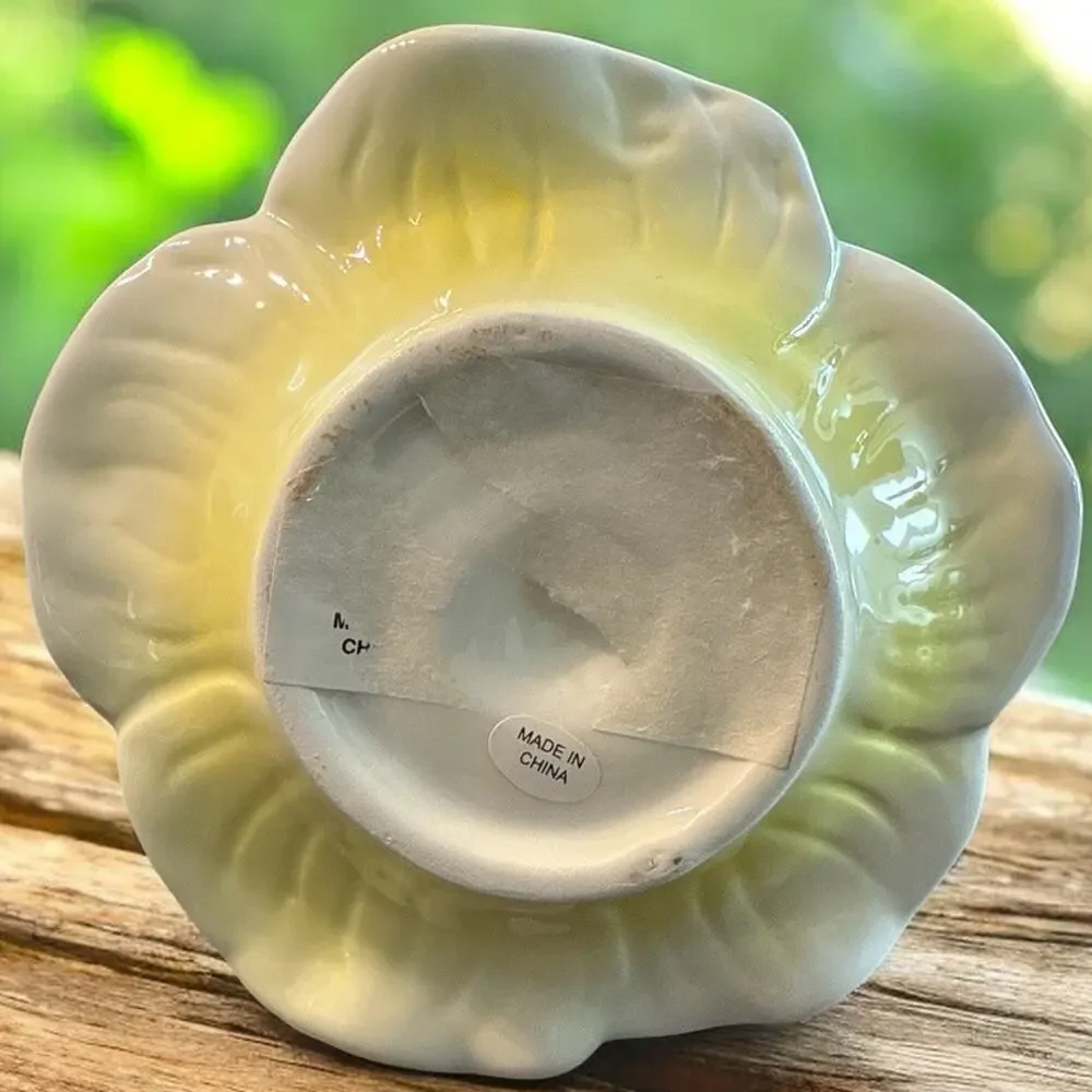 Ceramic Decorative Basket Floral Bunny Handle White Yellow Glossy China 5”